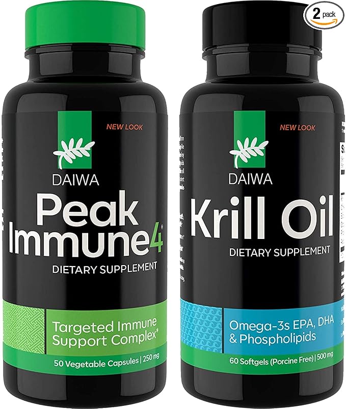 Daiwa PeakImmune4 + Daiwa Krill Oil Daily Wellness Support Bundle – Immune System Booster + Omega 3 Krill Oil Capsules
