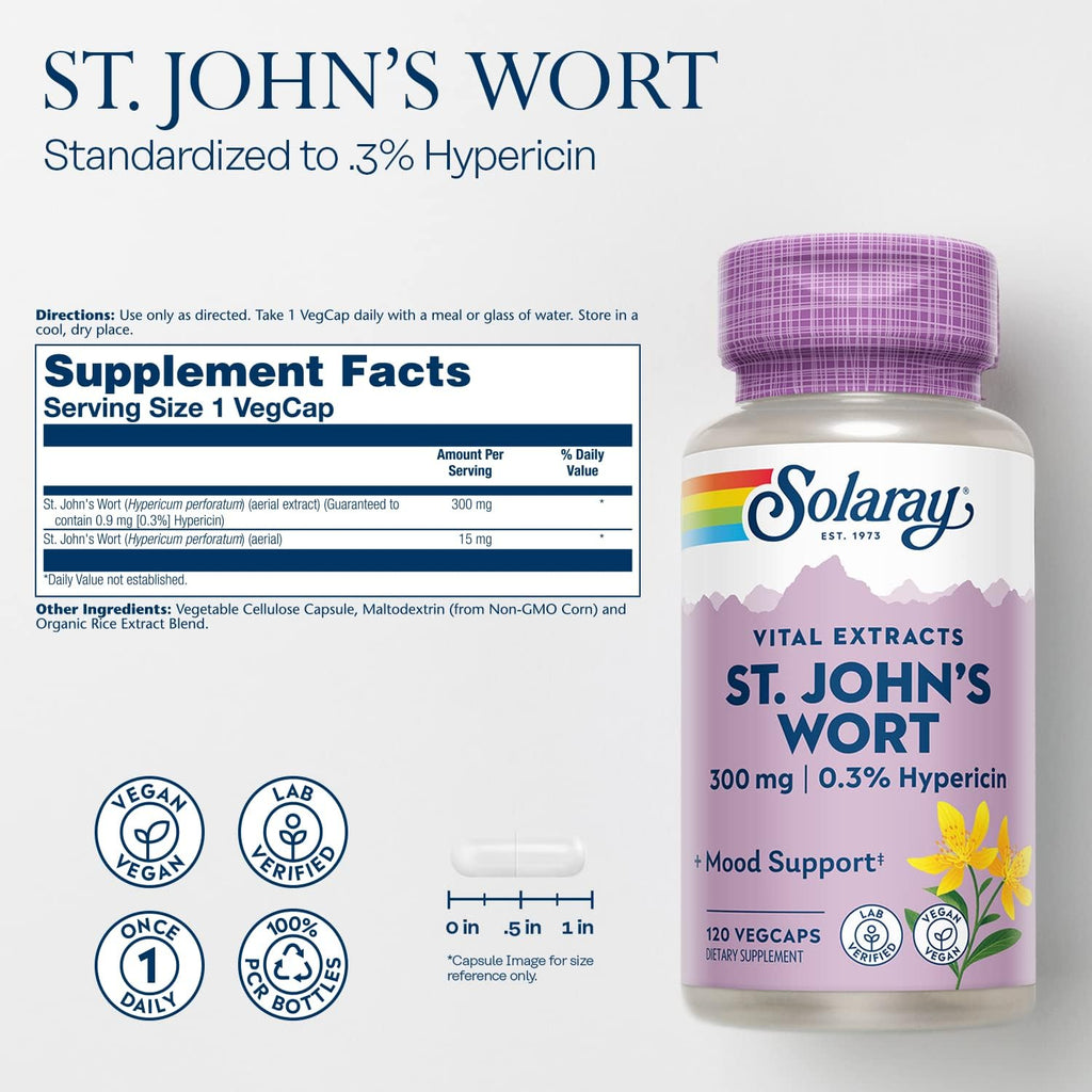 SOLARAY St Johns Wort Aerial Extract 300 mg, 0.3% Hypericin, Mood & Brain Health Support, Vegan & Lab Verified for Quality, 120 Servings, 120 VegCaps
