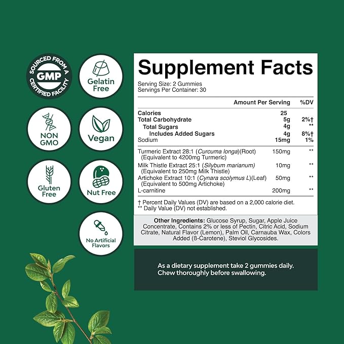 Cleansing Herbal Liver Detox Gummies Support Milk Thistle with Artichoke Extract Turmeric Curcumin and L-Carnitine - Vegan Non-GMO Sweet Lemon (30 Servings)