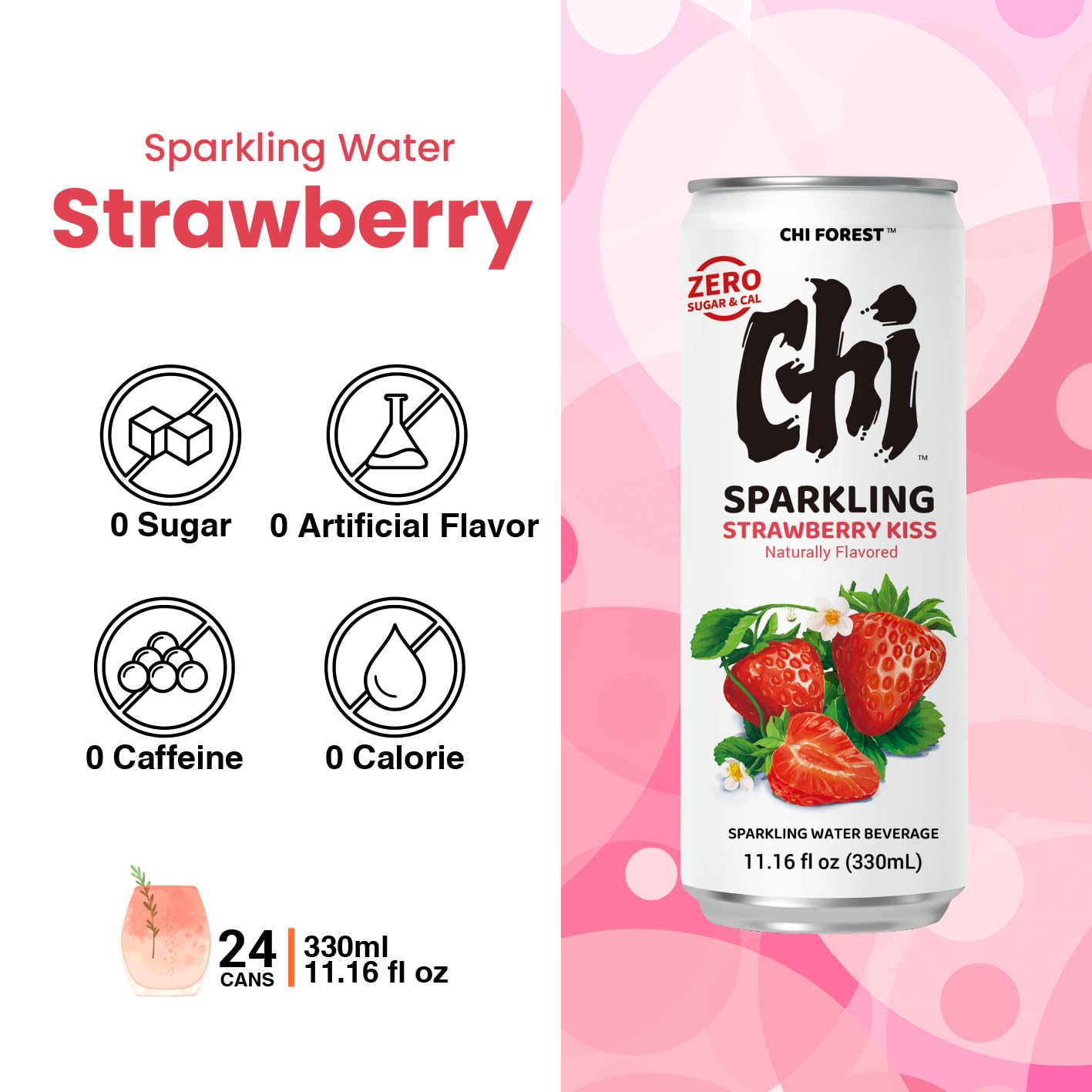 CHI FOREST Strawberry Sparkling Water Beverage, Zero Sugar Drinks, Zero Artificial Flavor, 11.16 fl oz Cans (Pack of 24)