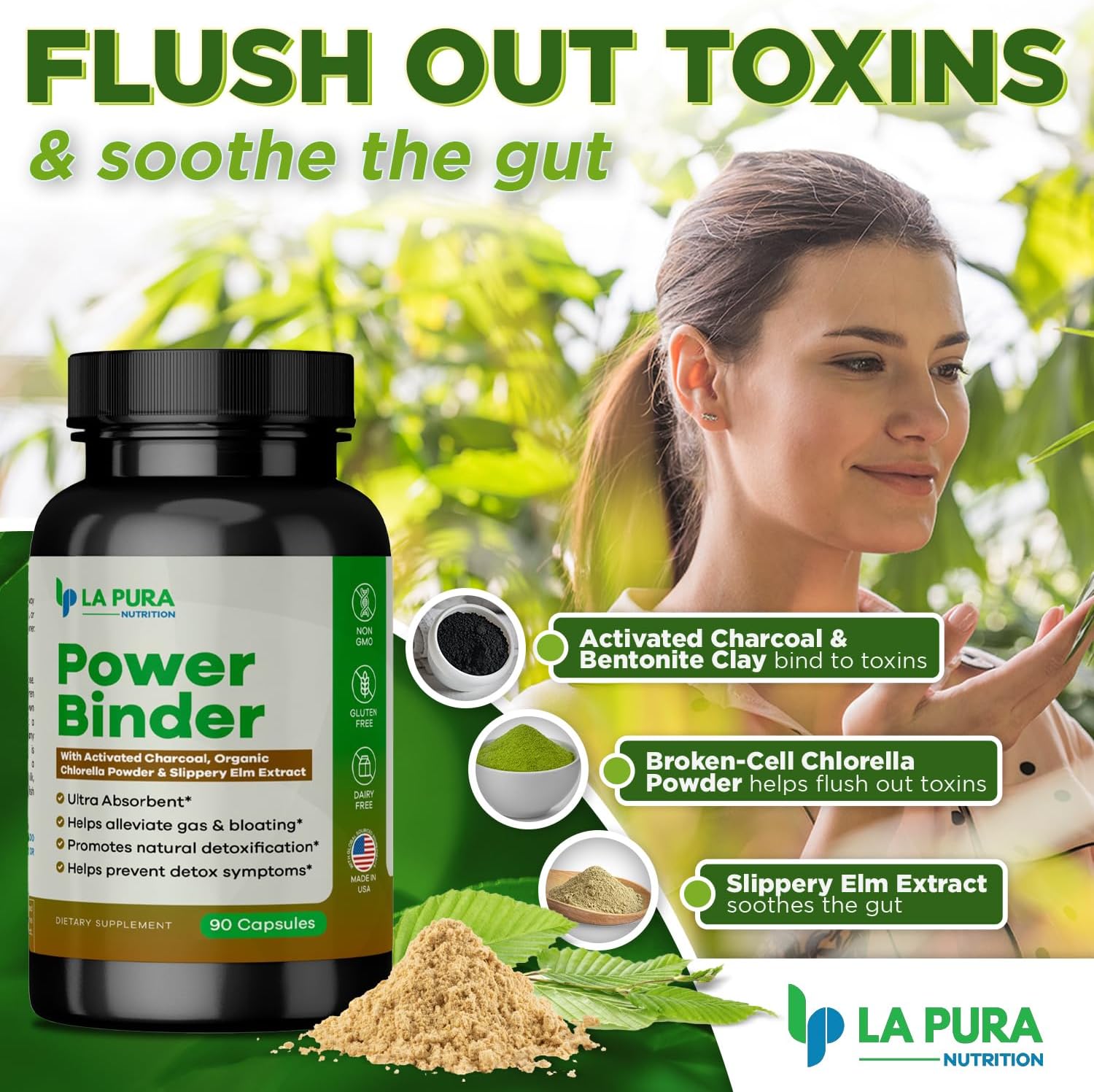 LaPura Power Binder Blend – Detox & Cleanse with Activated Charcoal, Organic Chlorella Powder & Slippery Elm Extract – Helps Alleviate Gas & Bloating – Promotes Natural Detoxification - 90 Capsules