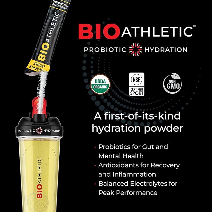 Probiotic + Electrolyte Hydration Drink Mix, with Vitamins D & B12, USDA Organic, NSF Certified for Sport, Subtle Pineapple Lychee Flavor, Naturally Light Taste, 10 Sticks