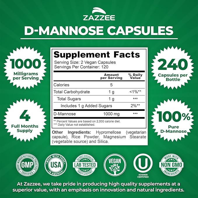 Zazzee D-Mannose, 1000 mg per Serving, 240 Vegan Capsules, 4 Month Supply, Potent & Fast-Acting, Certified Kosher, 100% Pure, All-Natural Urinary Tract Health Support, 100% Vegetarian, Non-GMO