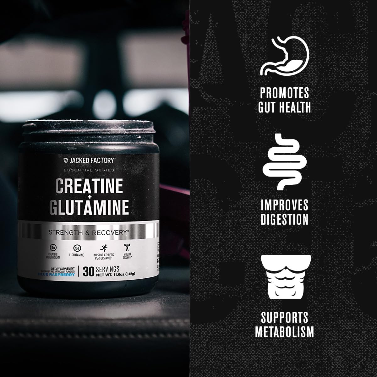 Jacked Factory Creatine + Glutamine - Creatine Supplement with L-Glutamine for Muscle Recovery, Muscle Growth, Increased Strength, Enhanced Energy Output, and Gut Health - 30 Servings, Blue Raspberry