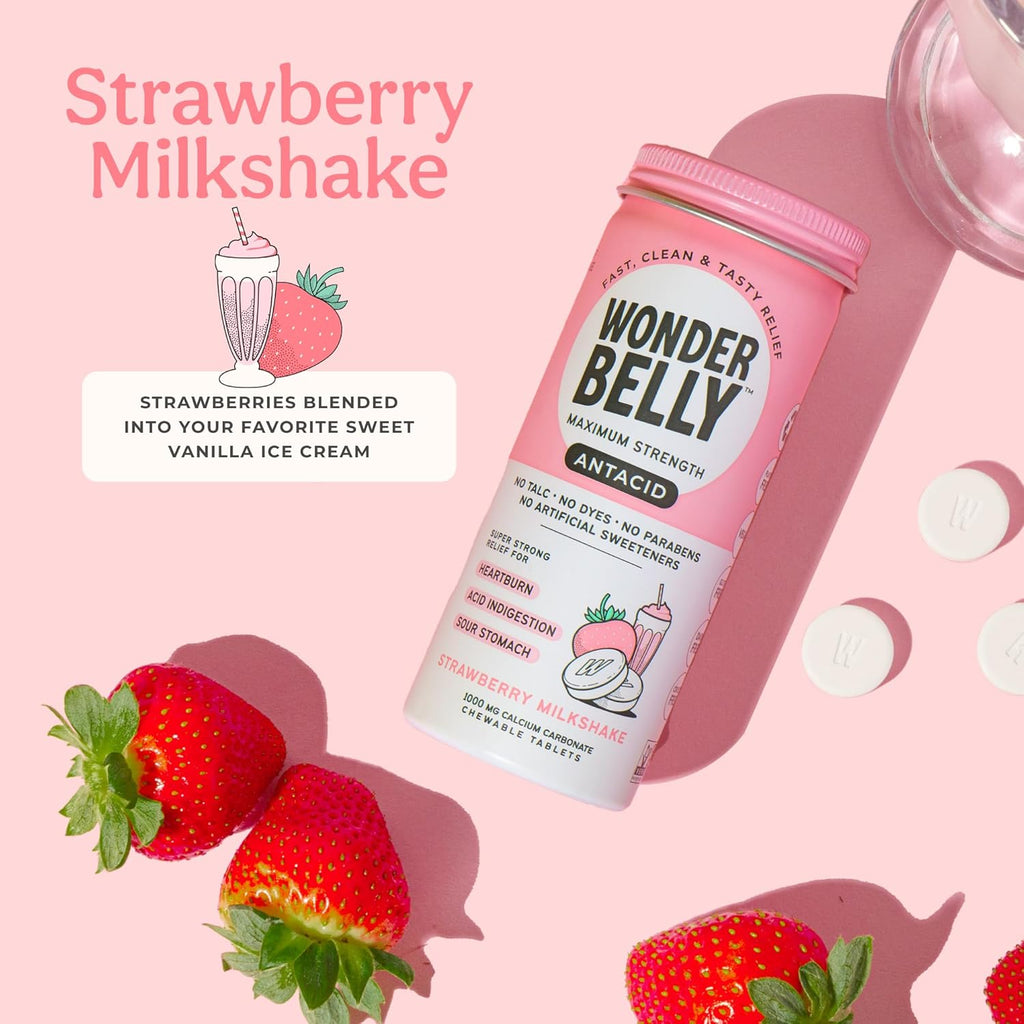 Wonderbelly Antacid Effective Heartburn and Instant Acid Indigestion Relief Extra Strength Chewable Tablets 1000 mg Calcium Carbonate No Talc or Dye Strawberry Milkshake 50 count