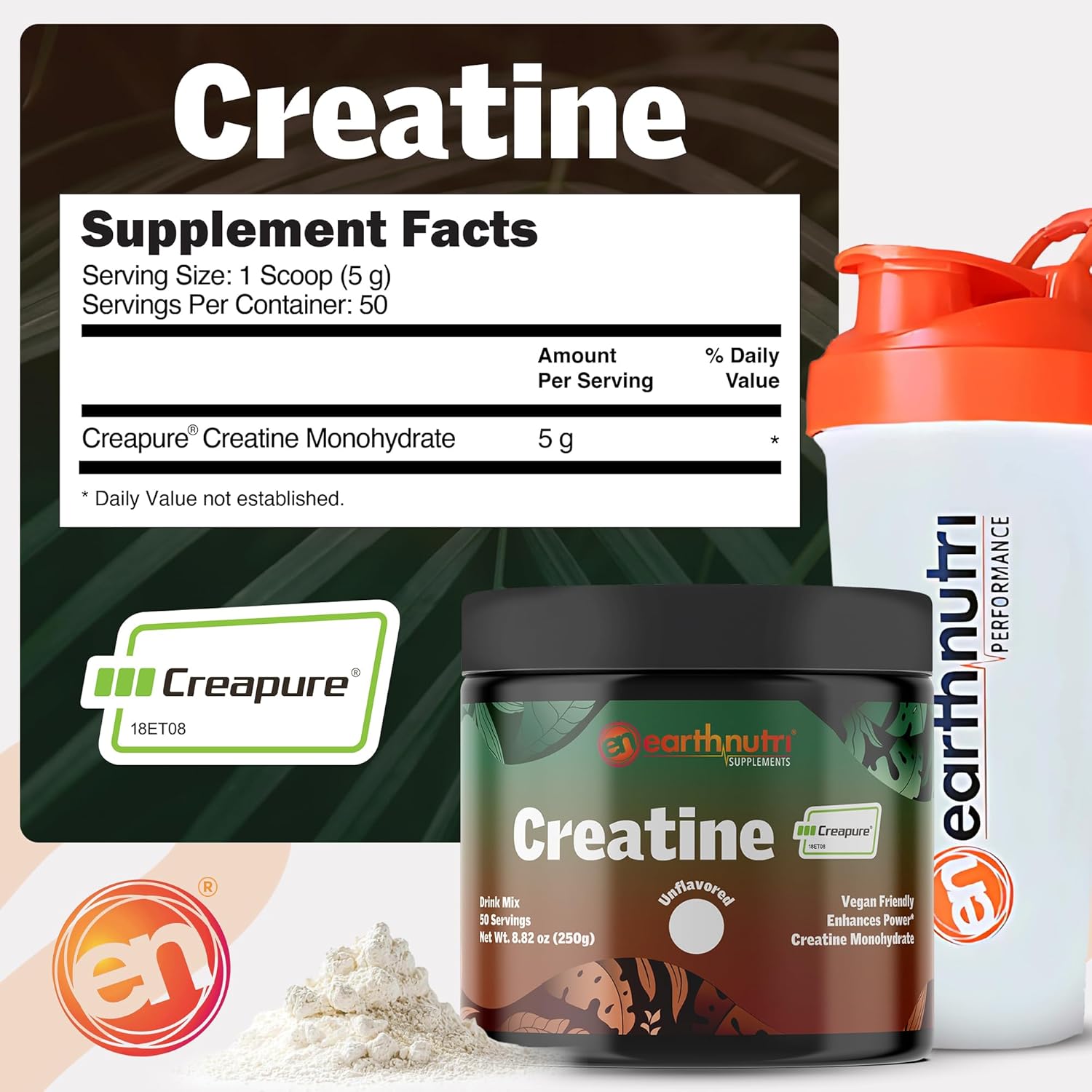 EarthNutri Creatine Monohydrate Powder - Pure Creatine Supplement for Muscle Strength, Strength & Performance – Non-GMO, Sugar-Free, Additive-Free – for Men & Women, Unflavored 250g