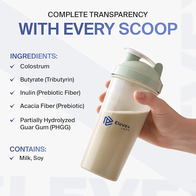 Elevex Gut Health Powder – 3g Colostrum (30% IgG) + Tributyrin (≥60% Butyrate Purity) + PHGG Prebiotics – Gut Lining, Gut–Brain & Bloating Support – BiomeCore™ – 30 Servings (Vanilla)