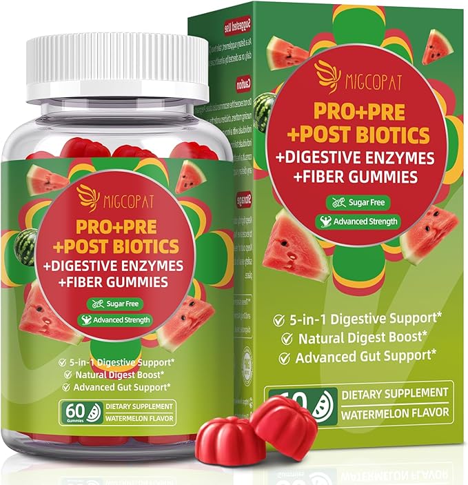Pre Post Probiotics Gummies, 5 in 1 Probiotic Prebiotic Postbiotic Digestive Enzymes with Fiber, 120 Billion CFU Probiotics - Digestive Health, Sugar Free, Vegan, Watermelon, 60 Gummies
