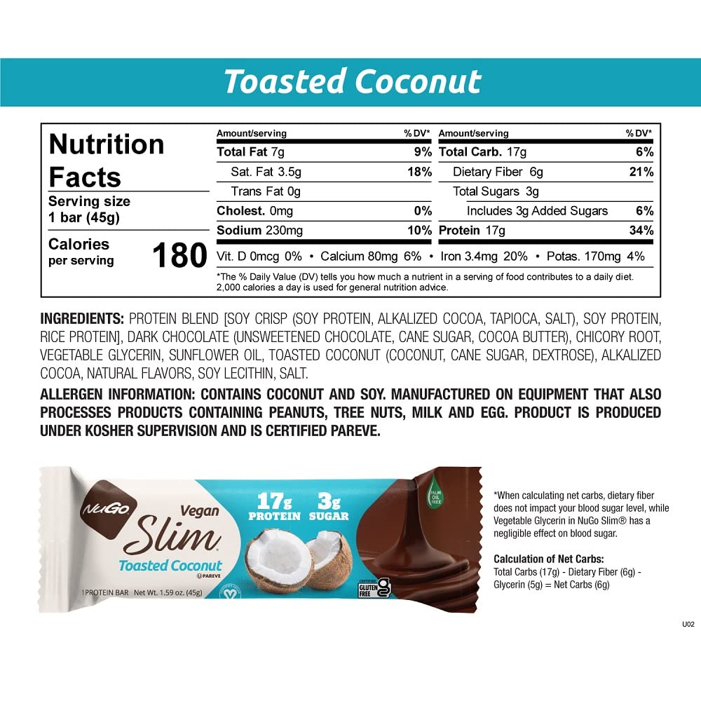 NuGo Slim Dark Chocolate Toasted Coconut, 16g Vegan Protein, 3g Sugar, 7g Fiber, Low Net Carb, Keto Friendly, Gluten Free, 12 C