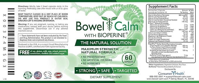 Bowel Calm - Soothe Intestinal Irritation - Ginger, Turmeric, Boswellia, BioPerine - 3 Month Supply