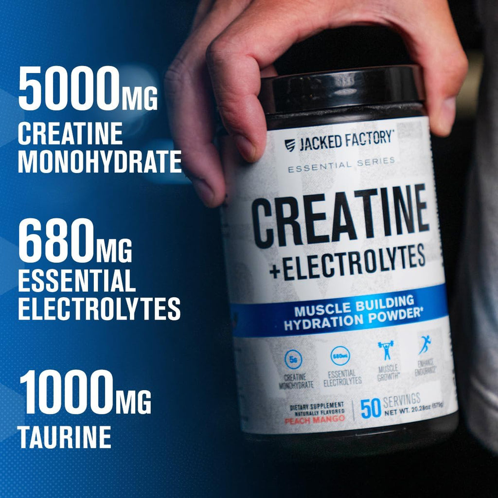 Jacked Factory Creatine + Electrolytes - Creatine Monohydrate with Taurine, Calcium, Sodium, & Potassium to Increase Muscle Growth, Strength, Hydration, & Endurance - 50 Servings, Peach Mango