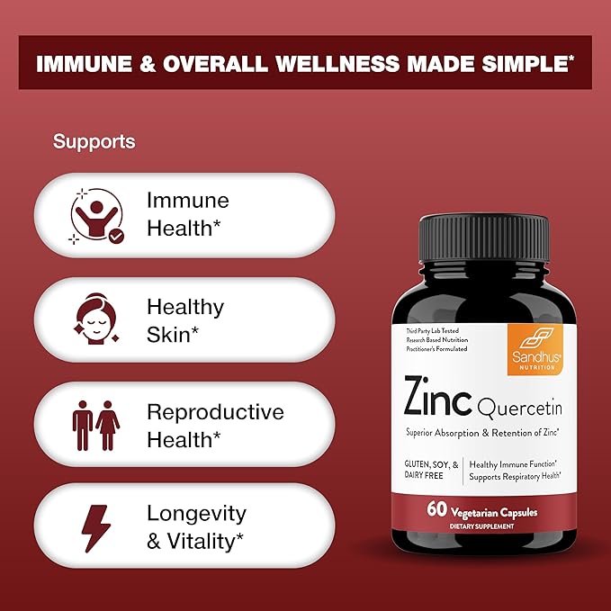 Sandhu's Zinc Quercetin 60 Vegetarian Capsules (Pack of 1) | High Absorption Zink Supplements for Immunity and Seasonal Allergy | Antioxidant Immune Support for Men and Women | Easy to Swallow