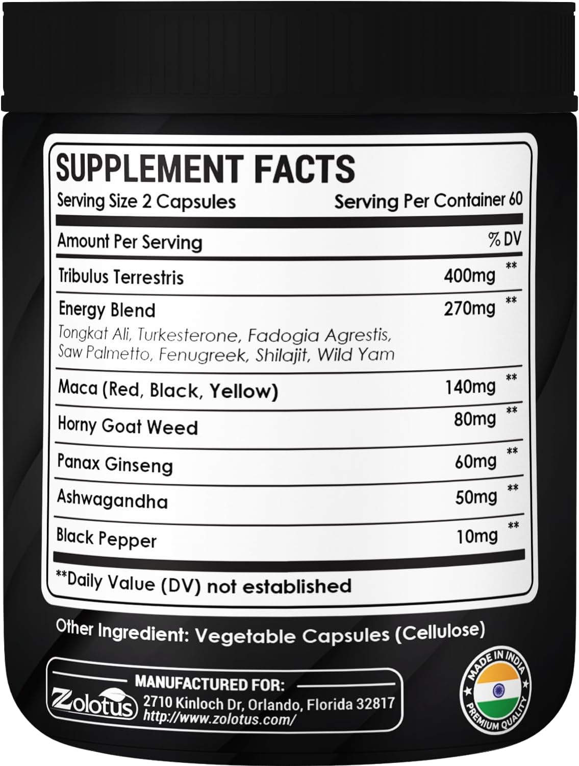 Zolotus 13in1 Tribulus Terrestris Capsules with Maca, Horny Goat Weed, Panax Ginseng, Saw Palmetto, Tongkat Ali, Shilajit & More - Energy, Stamina Supplement for Men & Women - 120 Counts