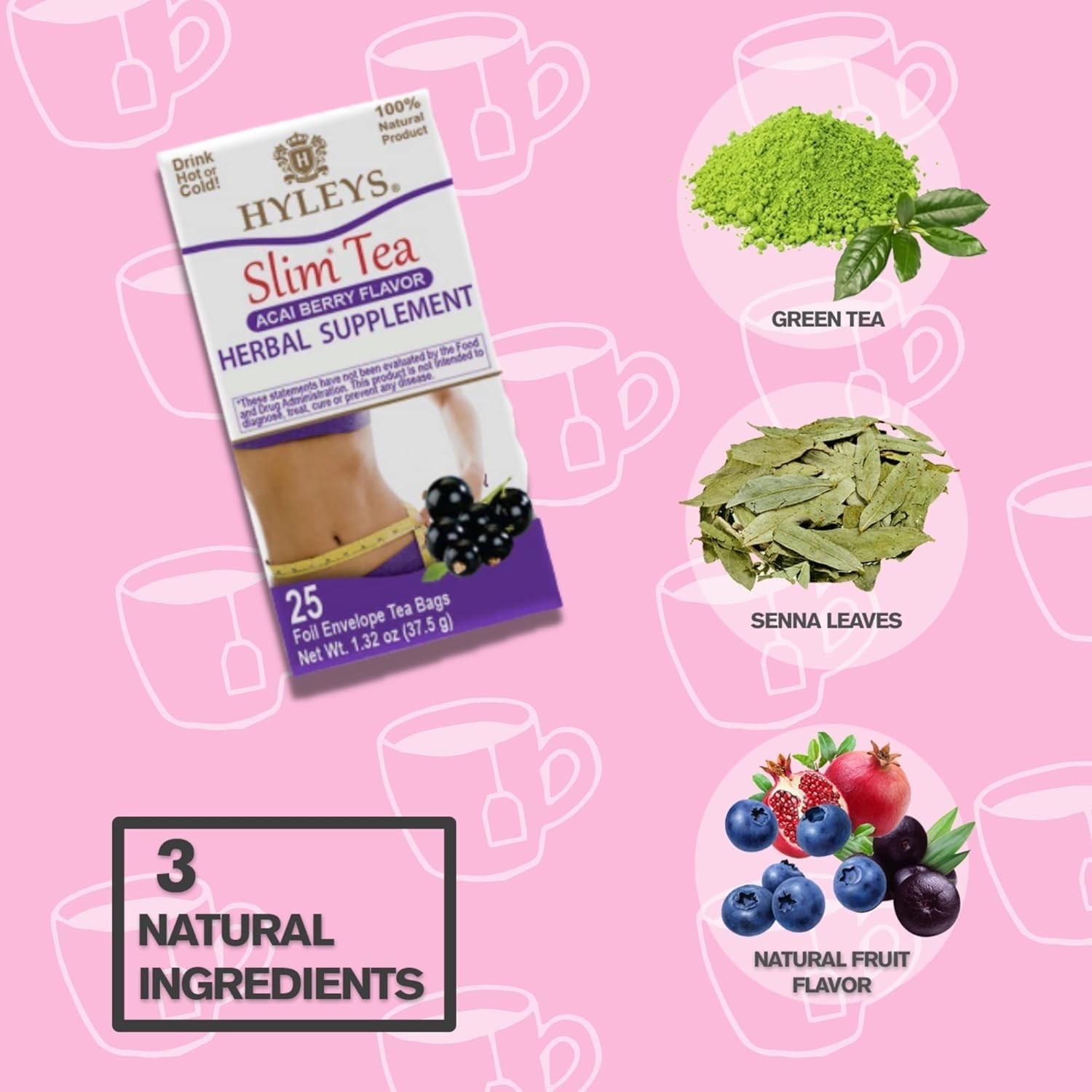 HYLEYS Slim Tea Acai Berry Flavor - Weight Loss Herbal Supplement Cleanse and Detox - 25 Tea Bags (1 Pack)