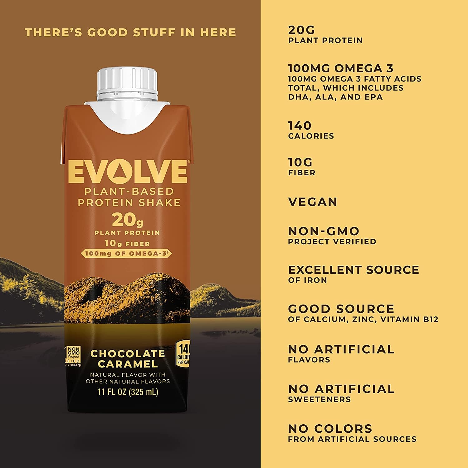 Evolve Plant Based Protein Shake, Chocolate Caramel, 20g Vegan Protein, Dairy Free, No Artificial Sweeteners, Non-GMO, 10g Fiber, 11oz, (12 Pack)