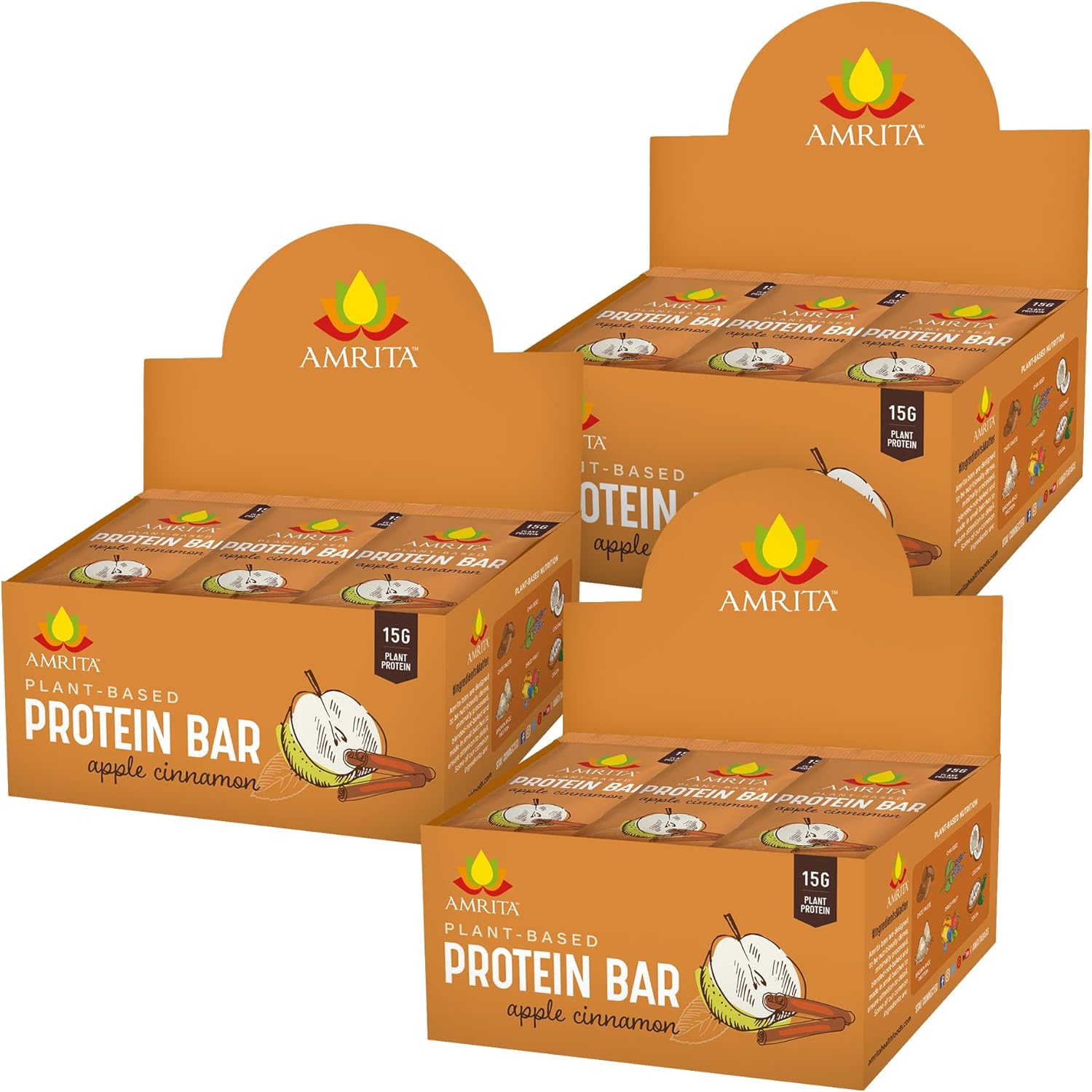 Amrita Nut Free Apple Cinnamon Vegan Protein Bars (12 Count PK of 3) | 11g Plant-Based Protein Bar | Peanut Free, Gluten Free, and Dairy Free | Low Sugar, High Fiber, Healthy School-Safe Snacks