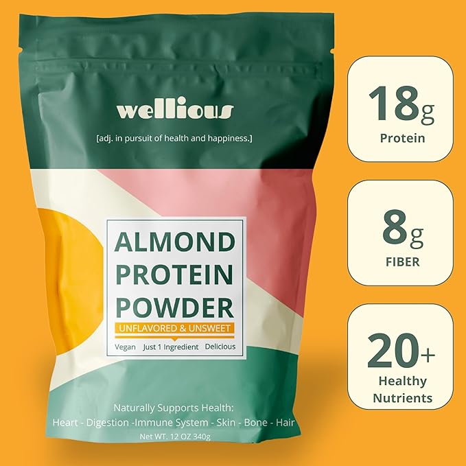 wellious Almond Protein Powder (Unflavored, Unsweetened) - 18 Grams of Pure Healthiest Vegan Protein for Women & Men | Gluten-Free, Soy-Free & Gut Friendly Protein Powder for Sports Nutrition