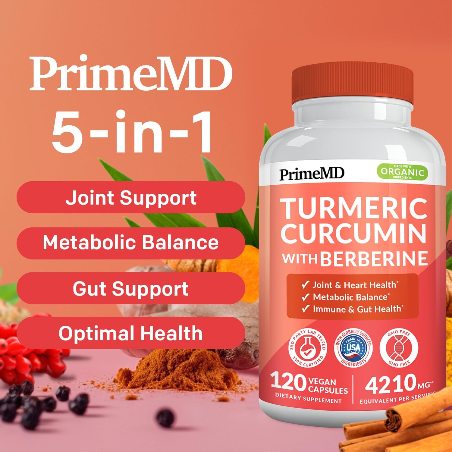 5-in-1 Organic Turmeric Curcumin Supplement (4210mg) with Berberine, Ceylon Cinnamon Bioperine and Ginger Supplements for Joint, Heart, Gut, & Metabolic Support (120 ct) (Pack of 3)
