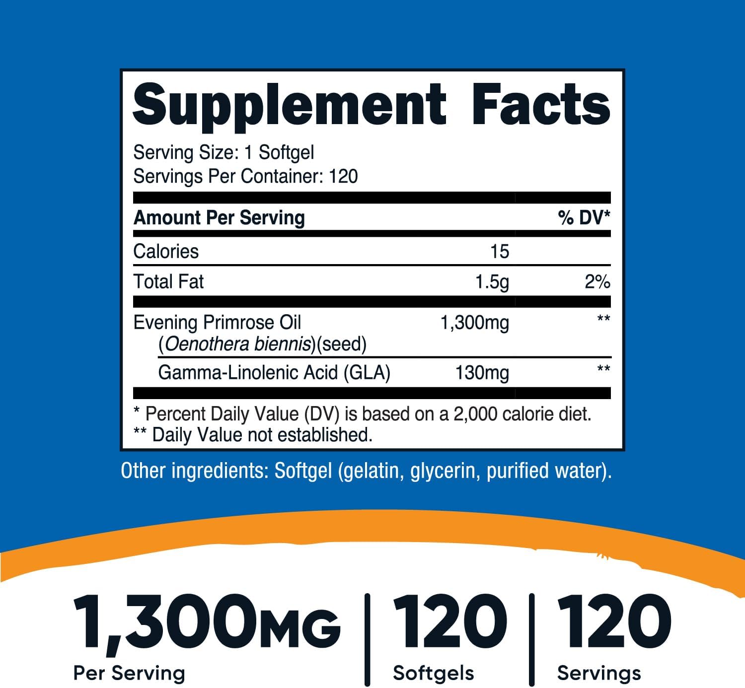 Nutricost Evening Primrose Oil 1,300mg, 120 Softgels - Cold Pressed, Non-GMO, Gluten Free, 120 Servings