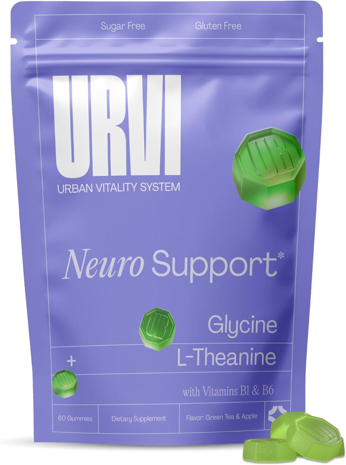 URVI® Neuro Support Gummies – 500 mg Glycine, 150 mg L-Theanine (high Potency), Vitamins B1 & B6 for Rest & Sleep, Relaxation, Calm Focus – Sugar-Free – Green Tea & Apple – 60 Count