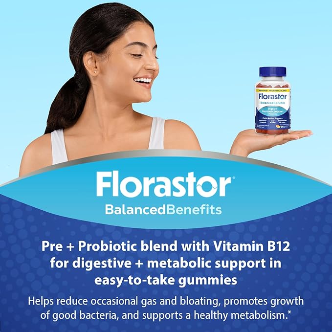 Florastor Prebiotic and Probiotic Gummies, Digestive and Metabolic Support Probiotic Blend for Multi-Action Digestive Health Care, with Vitamin B12, 112 Gummies