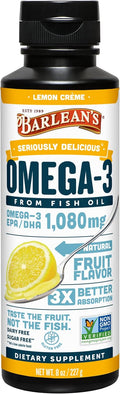 Barlean's Lemon Crème Omega 3 Fish Oil Liquid Supplement, 1080mg of Omega 3 EPA & DHA Fatty Acid, Smoothie Flavored & Burpless for Brain, Joint, & Heart Health, 8 oz