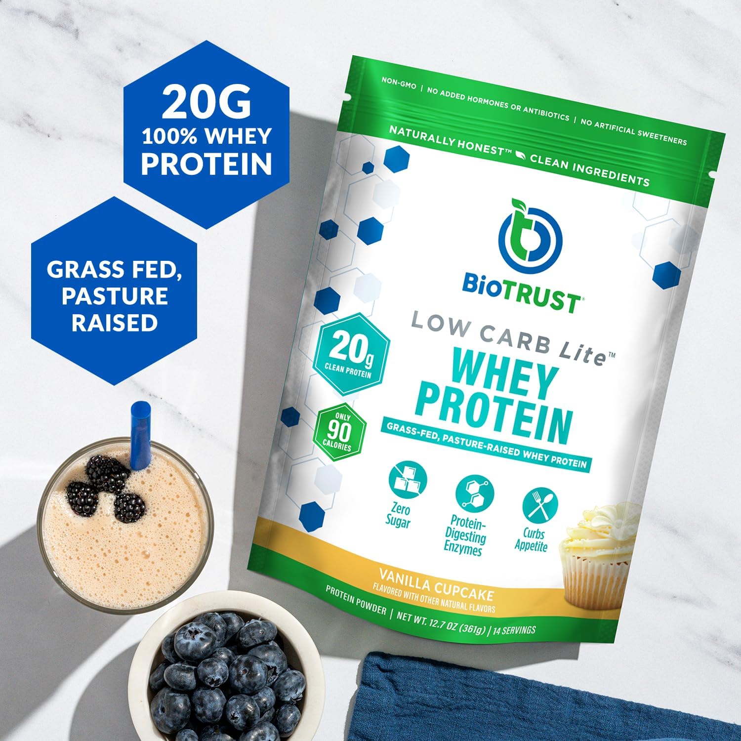 BioTrust Low Carb Lite, 20 Grams of Grass-Fed Whey Protein Isolate, 100 Calories, ProHydrolase Digestive Enzymes, Non-GMO, Free from Soy and Gluten, rBGH-Free (14 Servings) (Vanilla Cupcake)