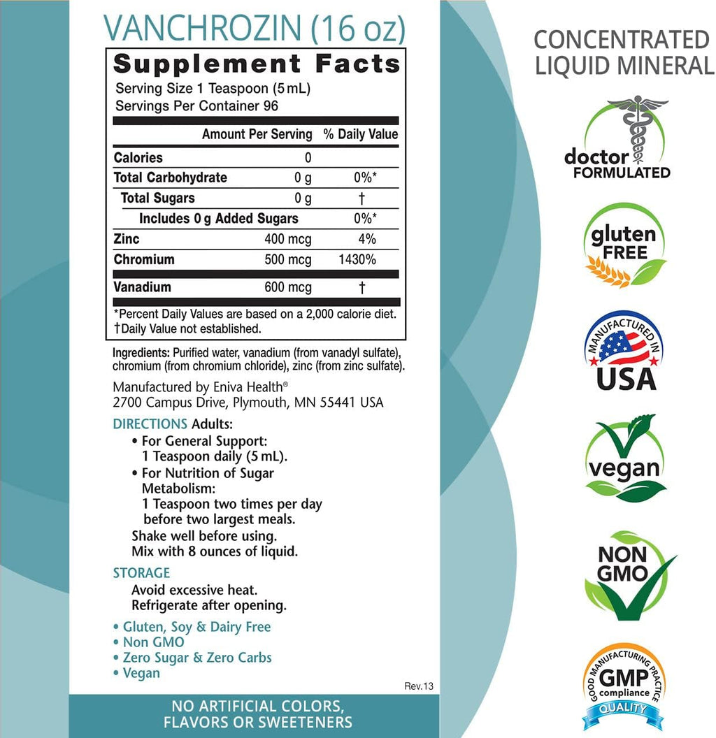 Eniva Health VANCHROZIN Liquid Ionic Minerals Supplement, Vanadium, Chromium & Zinc, Diabetic Friendly, 16 Fl Oz, 96 Servings