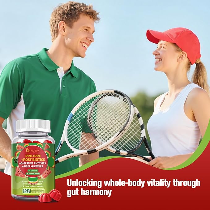 Pre Post Probiotics Gummies, 5 in 1 Probiotic Prebiotic Postbiotic Digestive Enzymes with Fiber, 120 Billion CFU Probiotics - Digestive Health, Sugar Free, Vegan, Watermelon, 60 Gummies