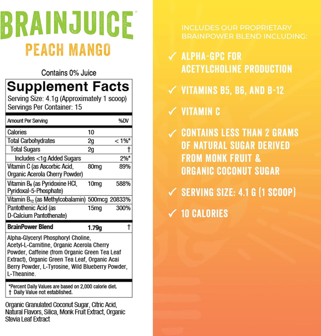 BrainJuice Active Peach MangoDaily BrainPower Mix - 15 Servings (2.2 Oz, Peach Mango)