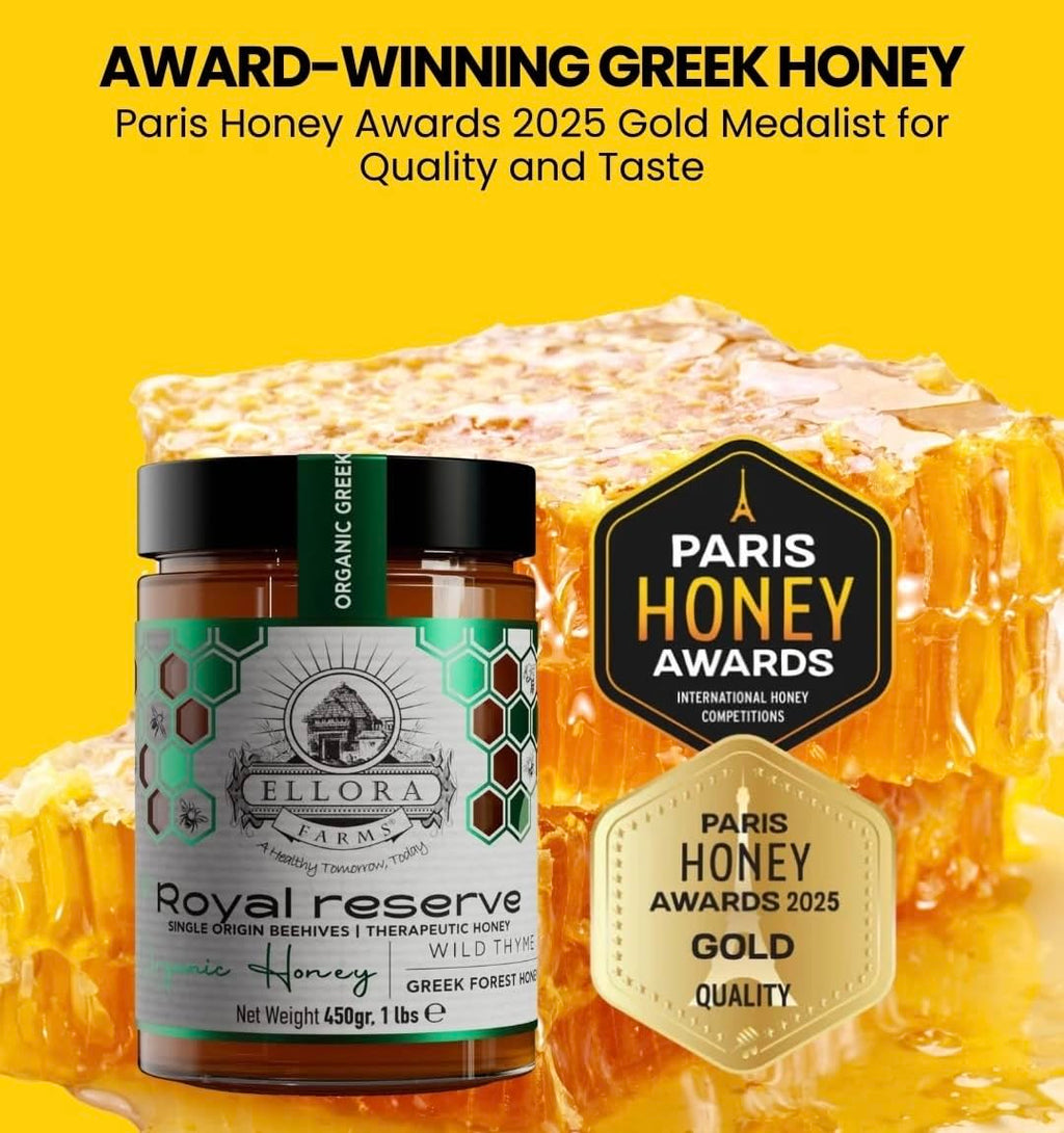 Ellora Farms Organic Honey, Wild Thyme Organic Honey Raw Unfiltered, Preservative and Additive Free, 2025 Paris and Dubai Gold Awards Winner, Gift Pack with Dipper - 450 g