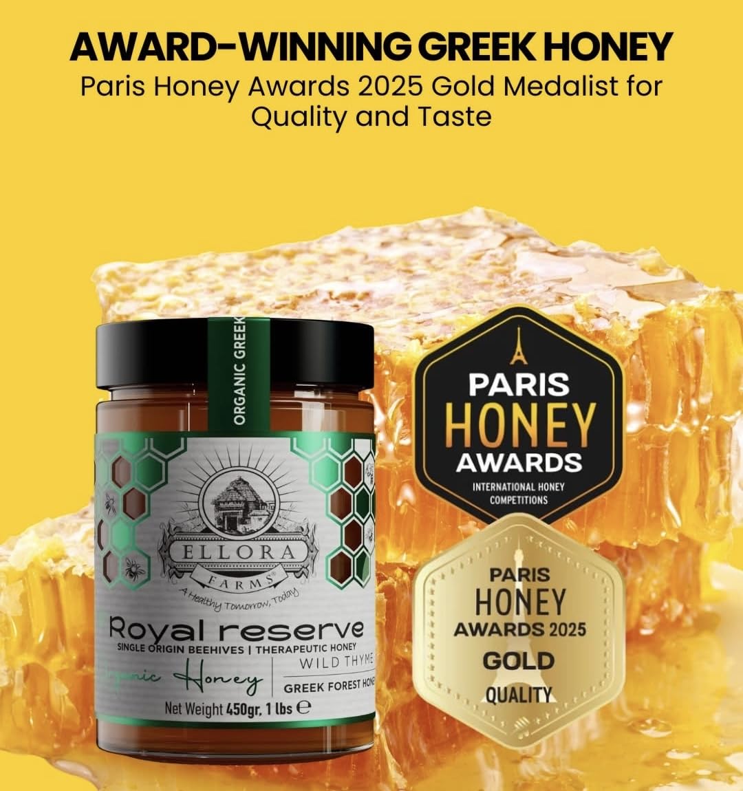 Ellora Farms Organic Honey, Wild Thyme Organic Honey Raw Unfiltered, Preservative and Additive Free, 2025 Paris and Dubai Gold Awards Winner - 450 g
