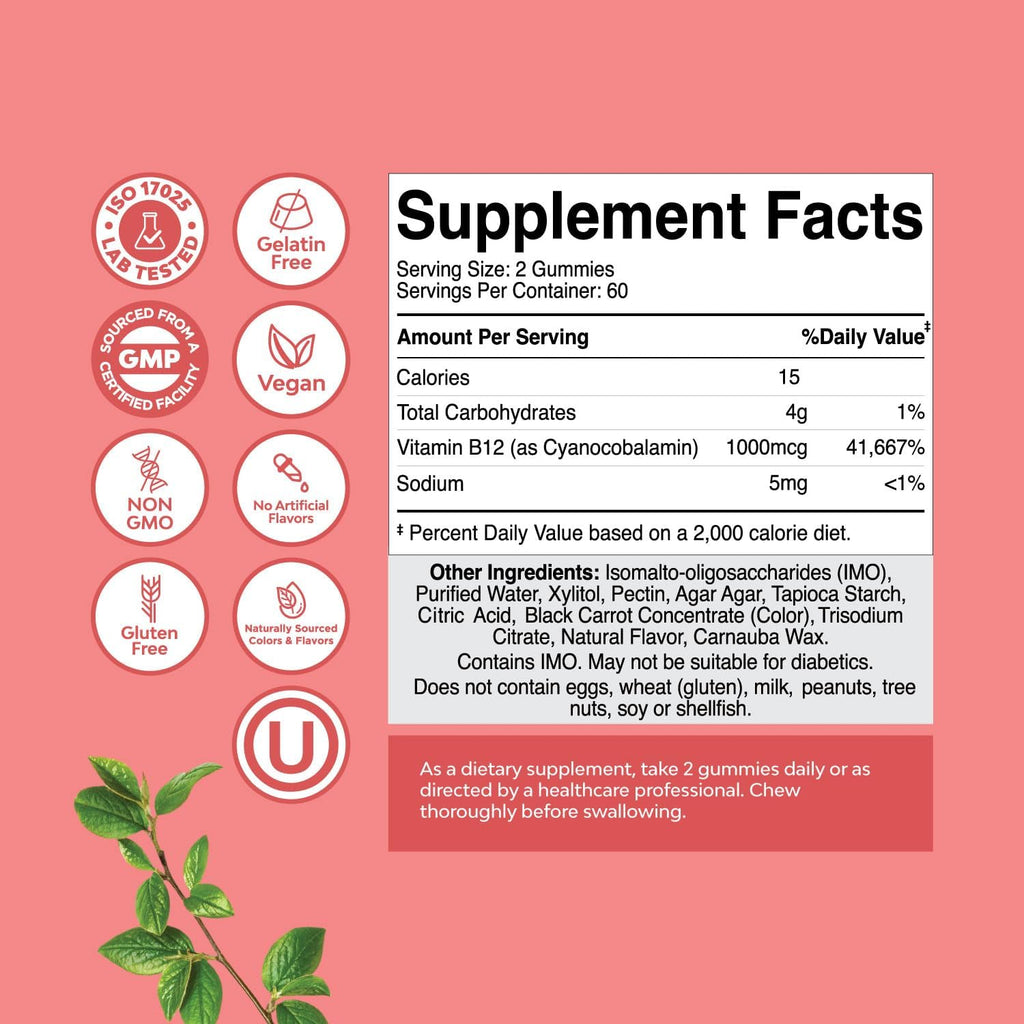 Vitamin B12 Gummies for Adults - Sugar Free Vitamin B12 1000 mcg Chewable Gums for Energy & Mood Support, Immune & Nerves Health - Kosher Non-GMO & Gluten Free Supplement for Women & Men - 120 Count