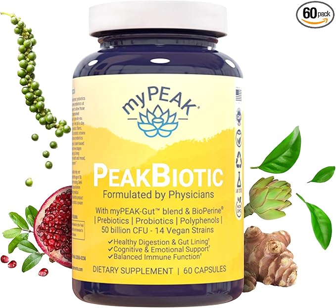 myPEAK PeakBiotic: The Ultimate Vegan Synbiotic with 50 Billion CFU Probiotics Prebiotics Postbiotics Modbiotics and Gut Lining to Enhance Digestion, Skin, and Mood with 2-Month Supply, 60 Capsules