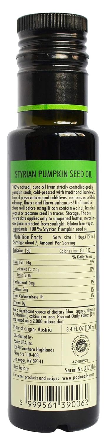 PÖDÖR Premium Styrian Pumpkin Seed Oil - 3.4 fl. Oz. - Cold-Pressed, 100% Natural, Unrefined and Unfiltered, Vegan, Gluten-Free, Non-GMO in Glass Bottle
