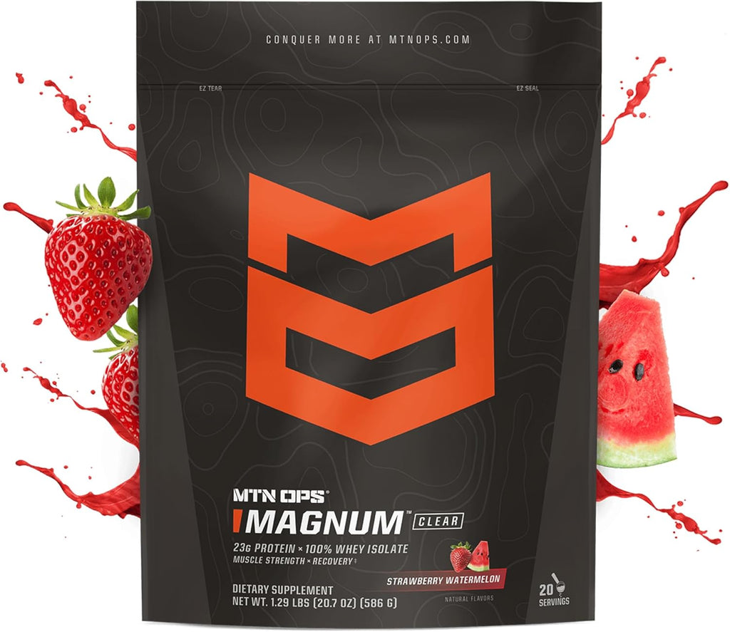 MTN OPS Magnum Clear Protein Powder – 23g 100% Whey Protein Isolate per Serving, Low Carb (<1g), Quick-Digesting, Gluten-Free, Low Lactose, Refreshing Strawberry Watermelon, 20 Servings