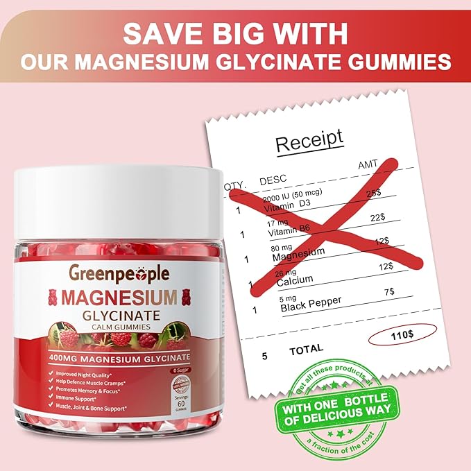 GREENPEOPLE Magnesium Glycinate Gummies 400mg - Sugar Free Magnesium Supplement with Magnesio Citrate, Vitamin D, and B6 for Calm Support & Sleep for Adults - High Absorption - Raspberry Gummies