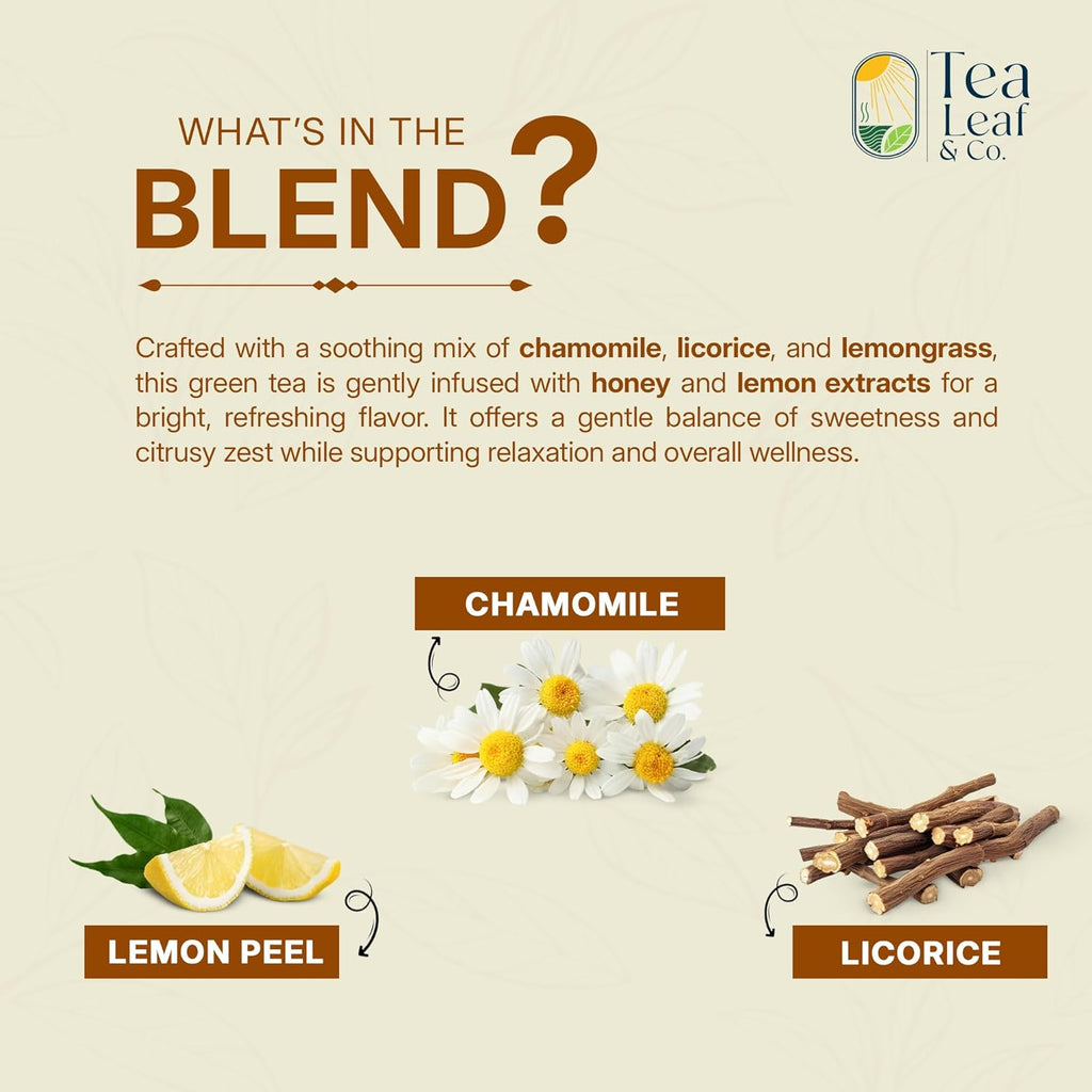 Tealeaf & Co. Honey Lemon Green Tea with Lemon & Honey Extract, Lemongrass, Licorice & Chamomile - Organic Green Tea Bags with Fresh Herbs and Spices - 100 Teabags (7.055oz/200gm)