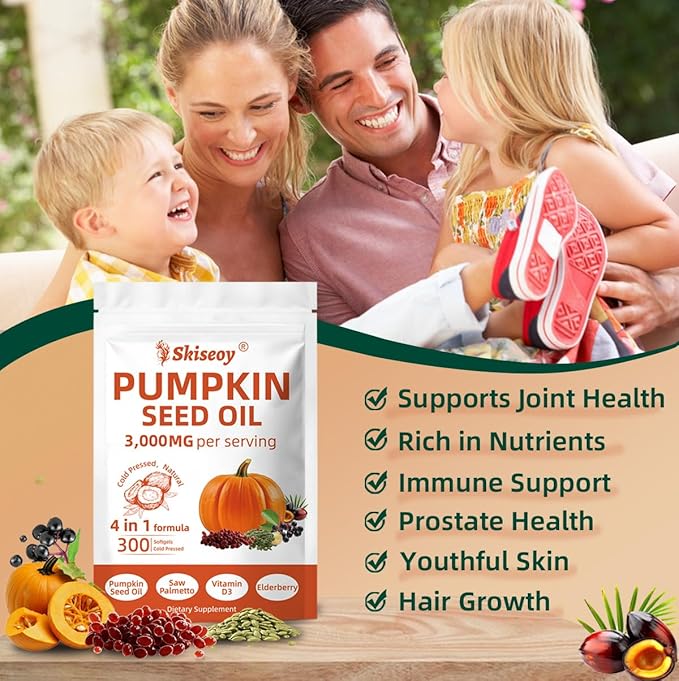 Pumpkin Seed Oil with Saw Palmetto, 300 Softgels | 4 in 1 Vitamin D3 & Elderberry, 3000mg Cold Pressed & Pure Virgin Oil | Supports Hair, Urinary, Bladder & Prostate Health, Immune | Vegan, Non-GMO
