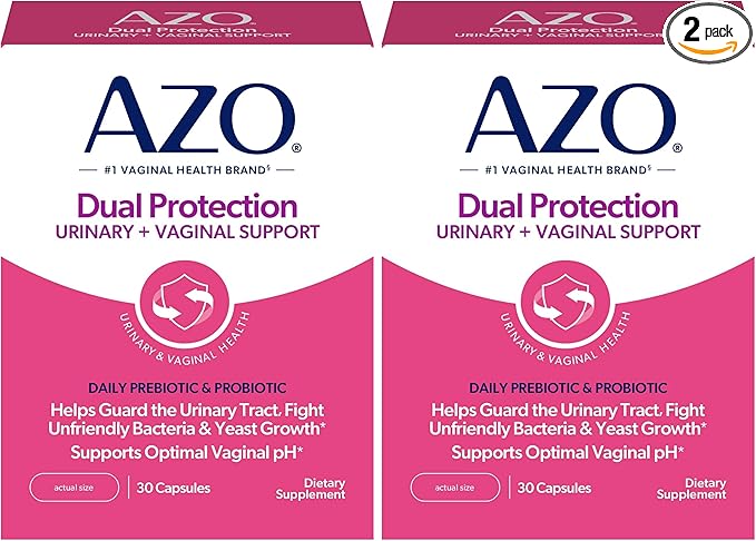 AZO Dual Protection | Urinary + Vaginal Support* | Prebiotic Plus Clinically Proven Women's Probiotic | Starts Working Within 24 Hours | Non-GMO | 30 Count (Pack of 2)