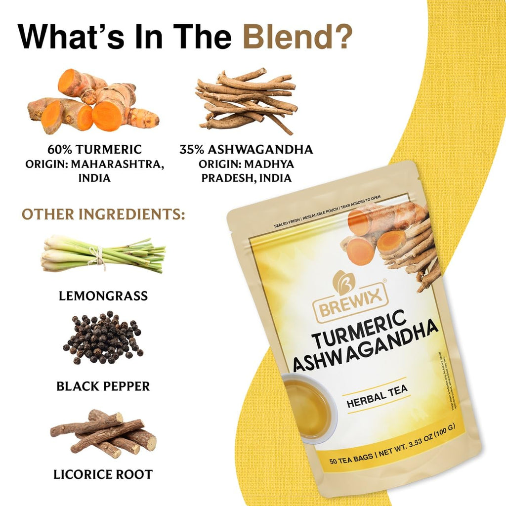 BREWIX, Turmeric Ashwagandha Herbal Tea Bags (50 Pyramid Tea Bags) Real Ingredients From India, Caffeine Free & Naturally Gluten Free | 100% Pure Herbal Blend Packed in Resealable Ziplock Pouch