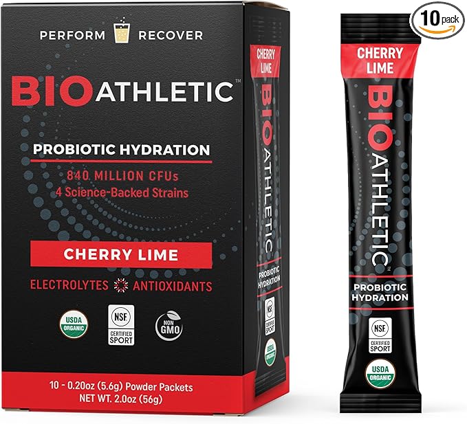 Probiotic + Electrolyte Hydration Drink Mix, with Vitamins D & B12, USDA Organic, NSF Certified for Sport, Subtle Cherry Lime Flavor, Naturally Light Taste, 10 Sticks