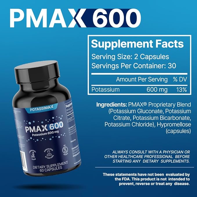 PMAX600 Potassium Supplement 600mg, 4-Type Potassium Blend with Citrate, Gluconate, Bicarbonate & Chloride, High Absorption Capsules for Electrolyte & Kidney Health Support (30 Servings)