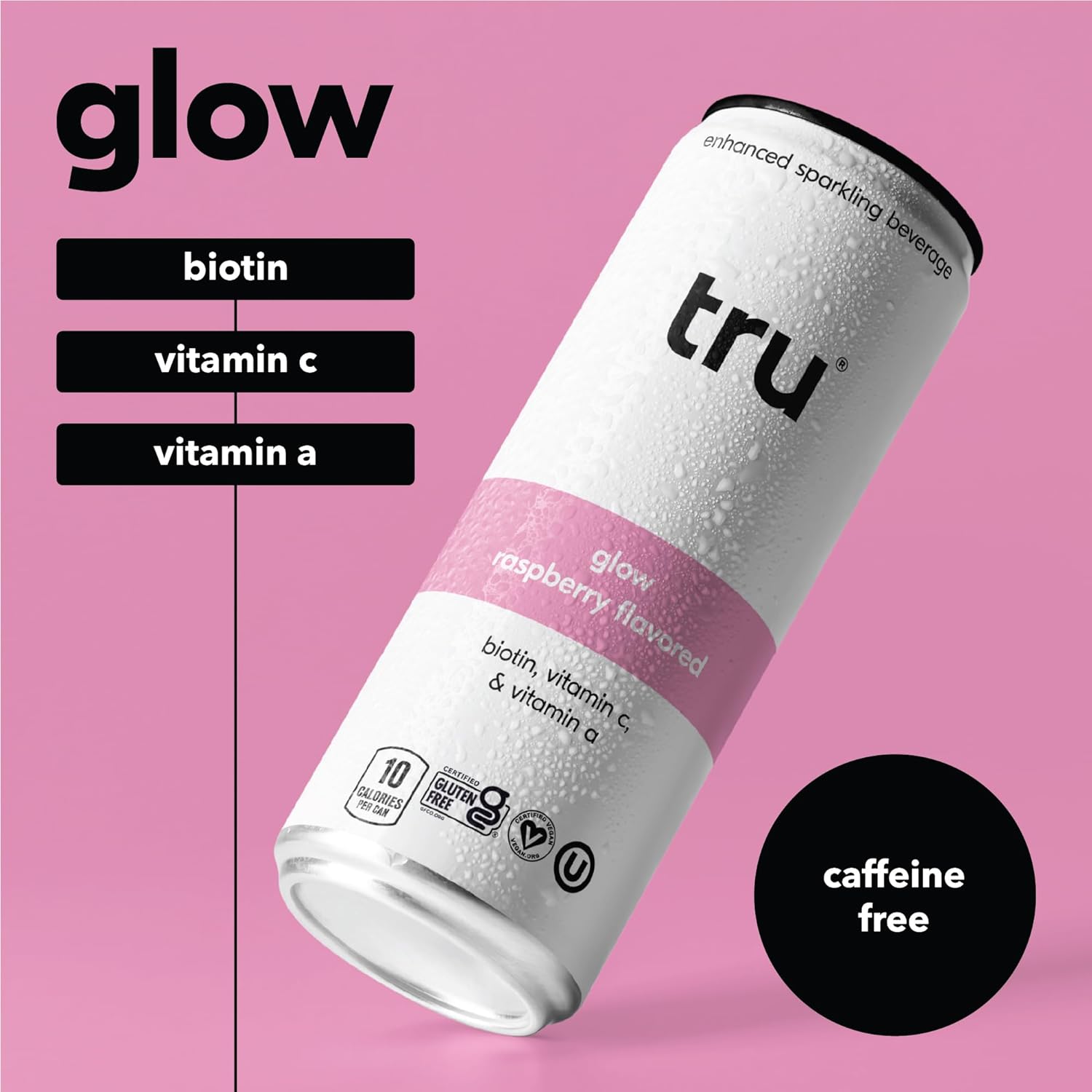 Tru Glow Seltzer, Sparkling Water with Biotin, Vitamin C, Vitamin A & Real Raspberry Juice, Sweetened with Monk Fruit & Stevia, Gluten Free, Vegan, Caffeine & Sugar Free, 12 FL OZ Cans, 12 Pack