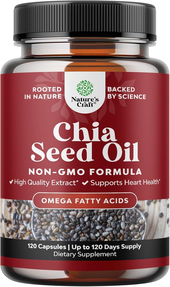 Chia Seed Oil Extract Capsules - Plant Based Omega 3 6 9 Supplement and Daily Fiber Capsules for Digestive Support Immunity and Heart Health - Omega 3 Fatty Acids Supplement for Men and Women - 120ct