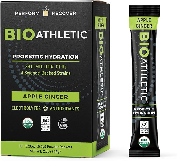 Probiotic + Electrolyte Hydration Drink Mix, with Vitamins D & B12, USDA Organic, NSF Certified for Sport, Subtle Apple Ginger Flavor, Naturally Light Taste, 10 Sticks