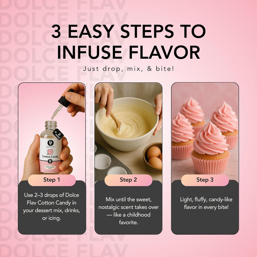 Dolce Flav Natural Cotton Candy Extract – 2 Ounce Water-Soluble Kosher, Sugar-Free, Concentrated Carnival-Style Flavoring for Baking, Frostings & Drinks, Includes Measured Dropper
