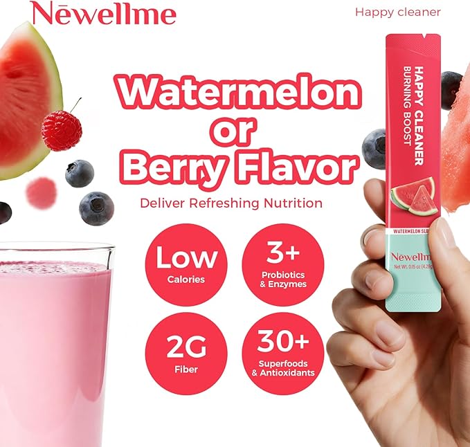 NEWELLME Happy Cleaner Digestive Supplement Powder, Gut Health Drink Mix with Probiotics, Digestive Enzymes & Fiber, Supports Digestion and Bloating, Watermelon & Berry Variety, 28 Sachets (2 Boxes)