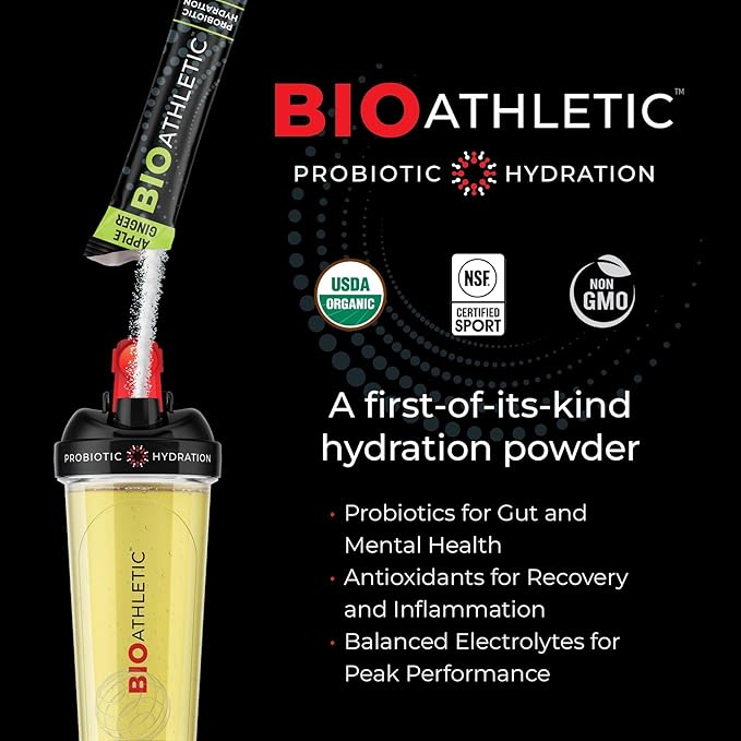 Probiotic + Electrolyte Hydration Drink Mix, with Vitamins D & B12, USDA Organic, NSF Certified for Sport, Subtle Apple Ginger Flavor, Naturally Light Taste, 10 Sticks
