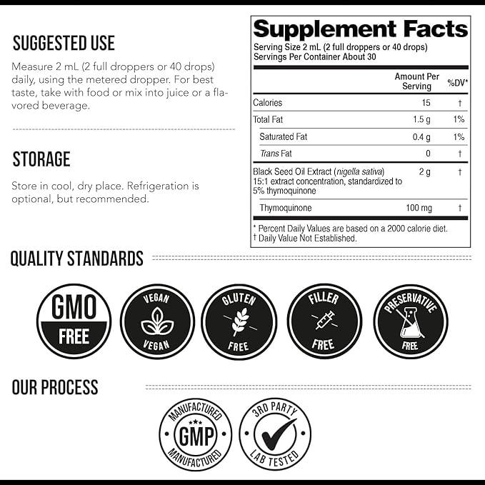 Black Seed Oil Liquid | 5% Thymoquinone - TQ-Advanced® | High Potency - 100 mg per Serving - 15:1 Concentrate from Nigella Sativa Extract, Raw Form, Vegan Formula, Glass Bottle (30 Servings)